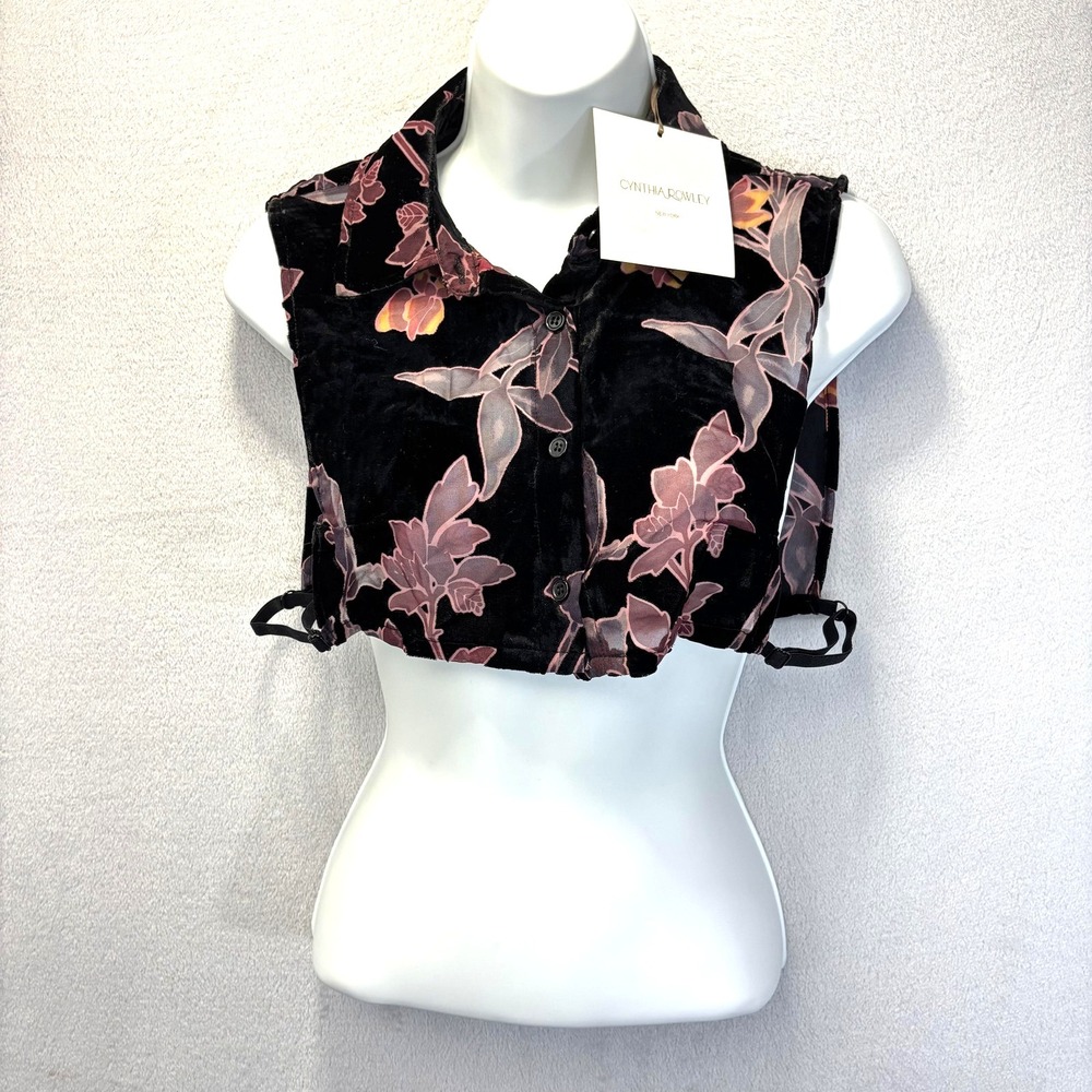 NWT Cynthia Rowley Velvet Burnout Crop Top Shirt Small S Black Floral Button